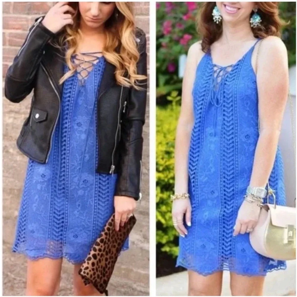 ASTR Blue Lace Up Crochet Slip Dress Spaghetti Straps Boho Festival Size S - Picture 3 of 9